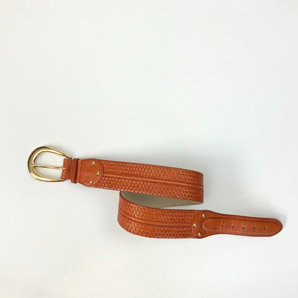 MICHAEL KORS Wide Leather Busket Weave Brown Belt Gold Buckle Sz M - Picture 12 of 16
